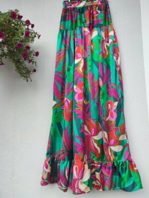 Gonna in raso fantasia tropicale