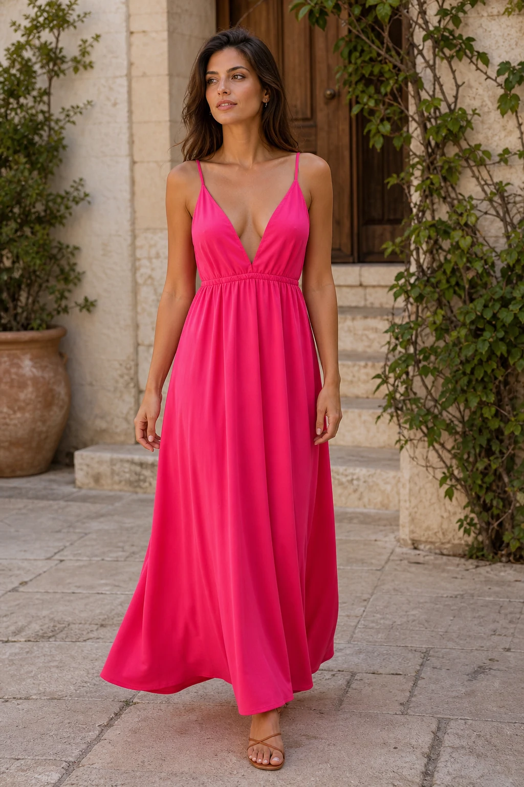 Modella indossa un abito lungo fucsia Vestali in una corte mediterranea