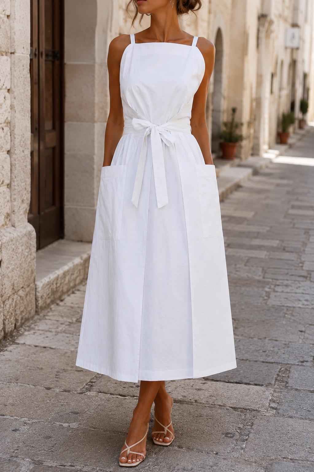 Modella indossa un abito bianco lungo Vestali in un borgo mediterraneo